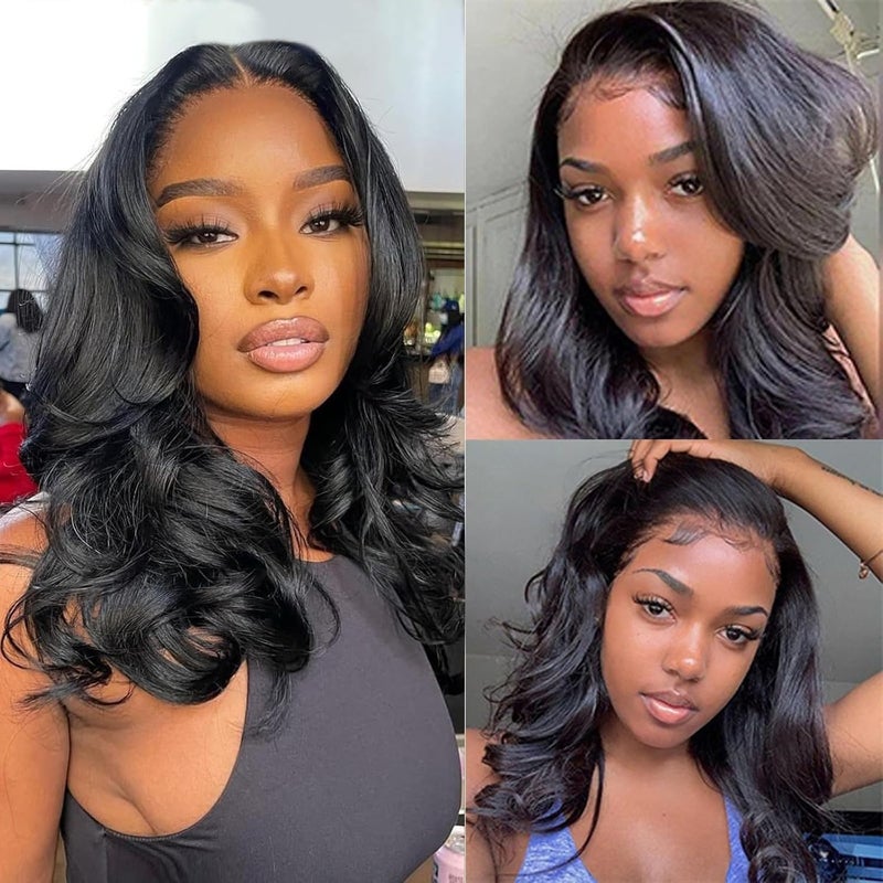 UVVUVV 4x4 Body Wave Lace Front Wigs Human Hair 180% Density 16 Inch Lace Frontal Wigs Human Hair Pre Plucked HD Transparent Short Body Wave Wigs for Women Natural Black Colorï¼ˆ16inchï¼‰ - Image 1