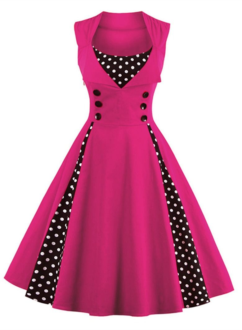 Loquat Patchwork vintage polka dot dresses rose red  - Image 1