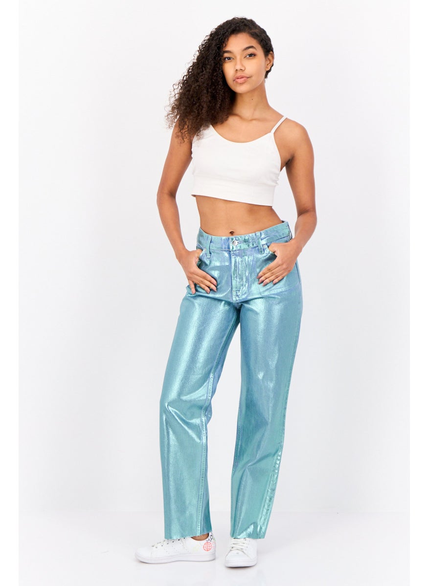 ESPRIT Women Straight Fit Metallic Non-Stretchable Retro Ankle Jeans, Turquoise  - Image 4
