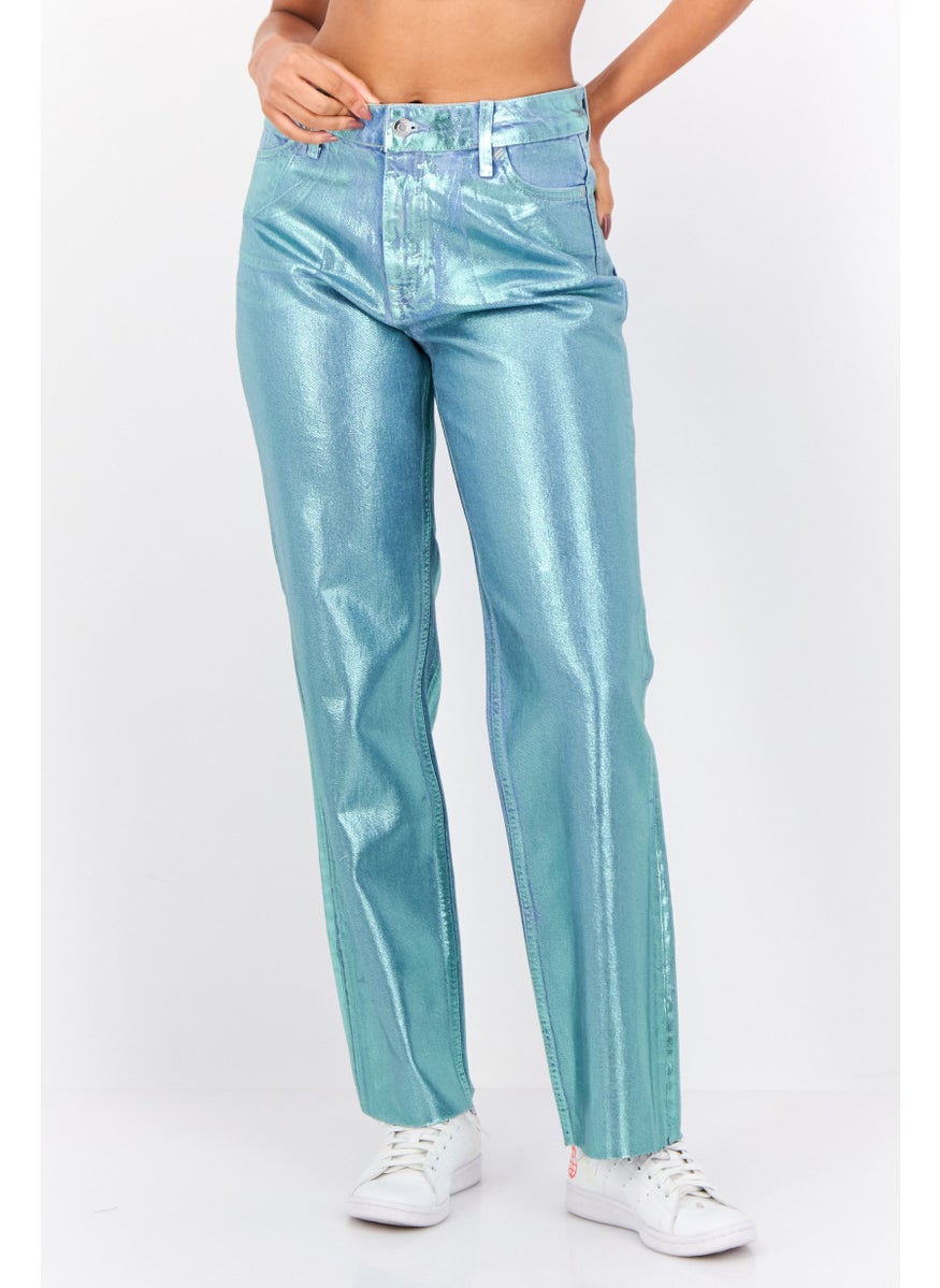 ESPRIT Women Straight Fit Metallic Non-Stretchable Retro Ankle Jeans, Turquoise  - Image 1