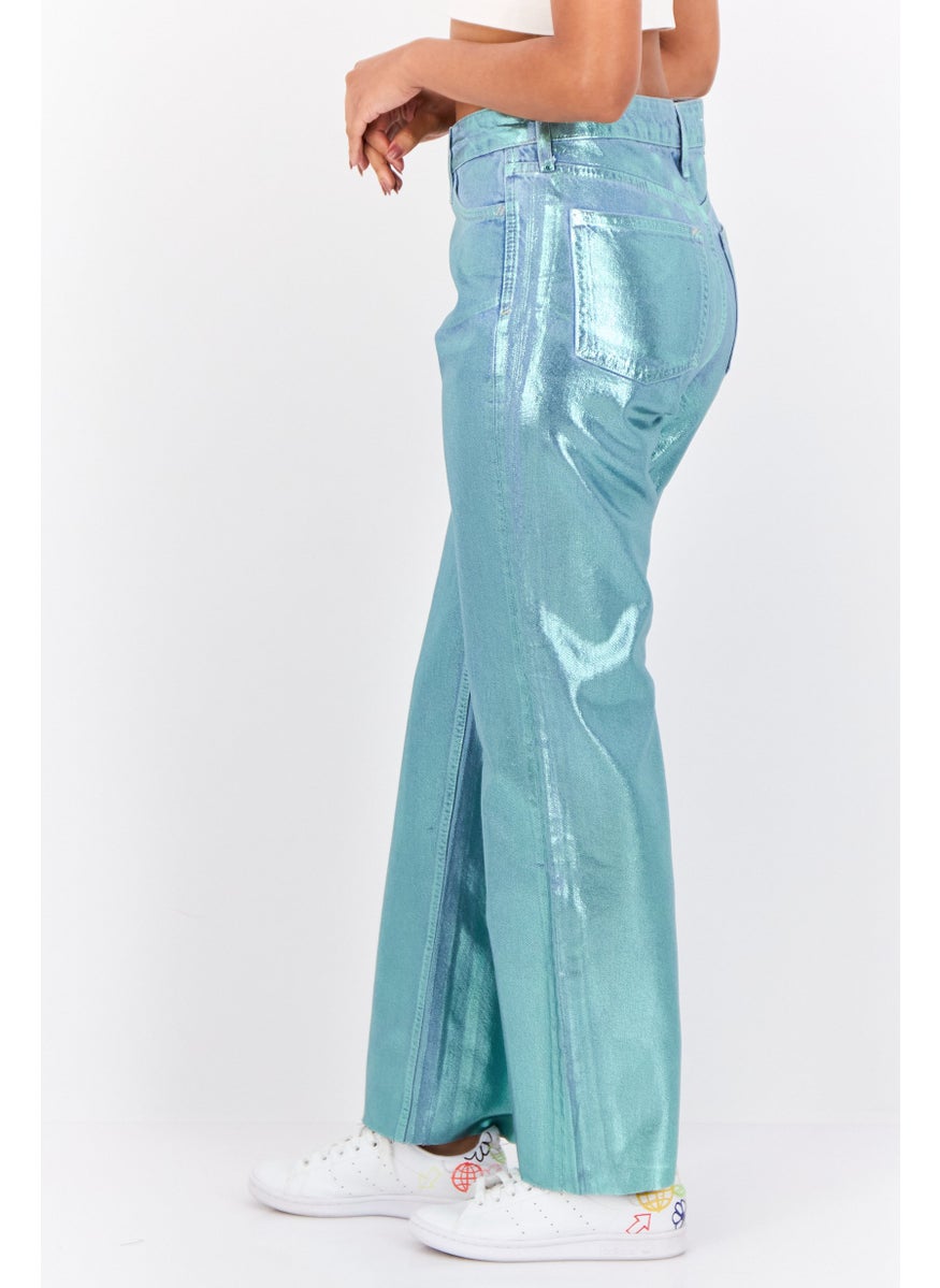 ESPRIT Women Straight Fit Metallic Non-Stretchable Retro Ankle Jeans, Turquoise  - Image 3