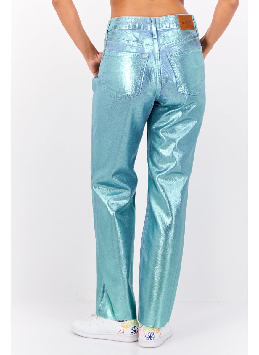 ESPRIT Women Straight Fit Metallic Non-Stretchable Retro Ankle Jeans, Turquoise  - Image 2