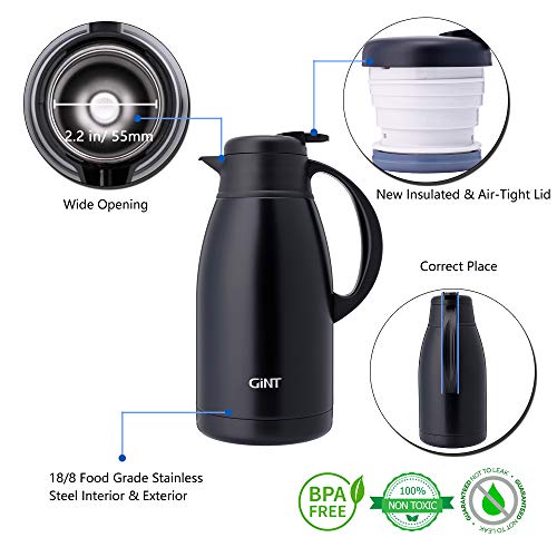 GiNT Stainless Steel Thermal Coffee Carafe, Double Walled Vacuum Water and Beverage Dispenser, 12 Hour Heat Retention, 65 OZ /1.9 Liter Black - Image 3