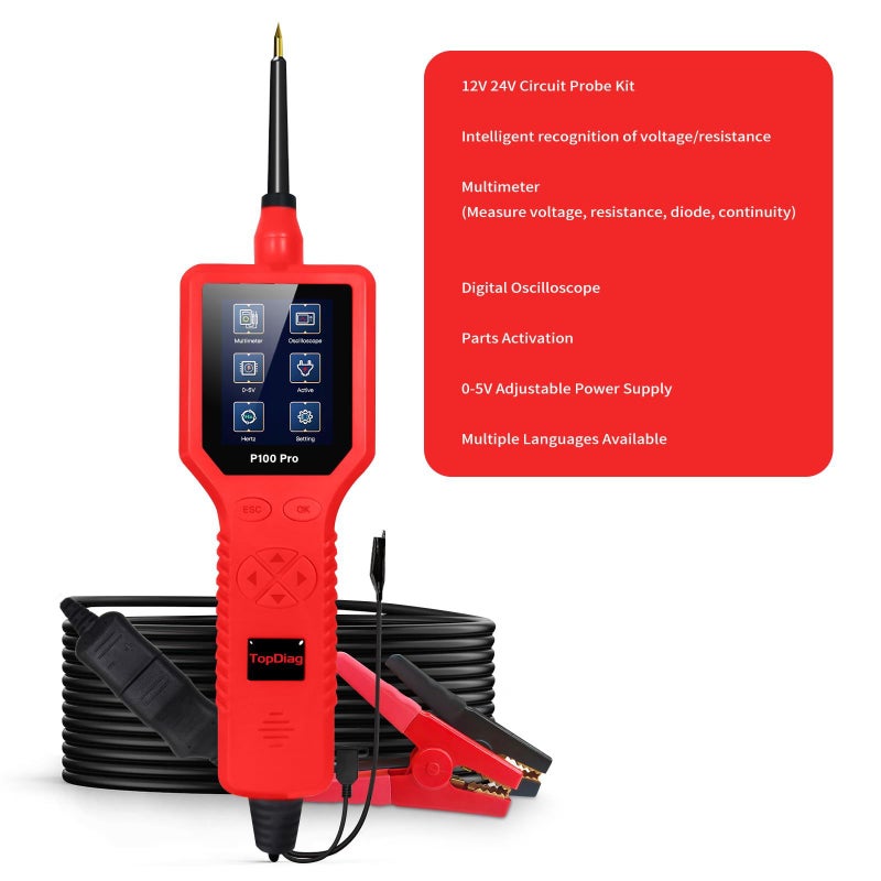 P100 Pro 9 30V Car Circuit Tester Diagnostic Tool 12V 24V Probe Kit Multimeter Digital Oscilloscope Red Parts Activation 0 5V Adjustable Power Supply Multiple Language - Image 3
