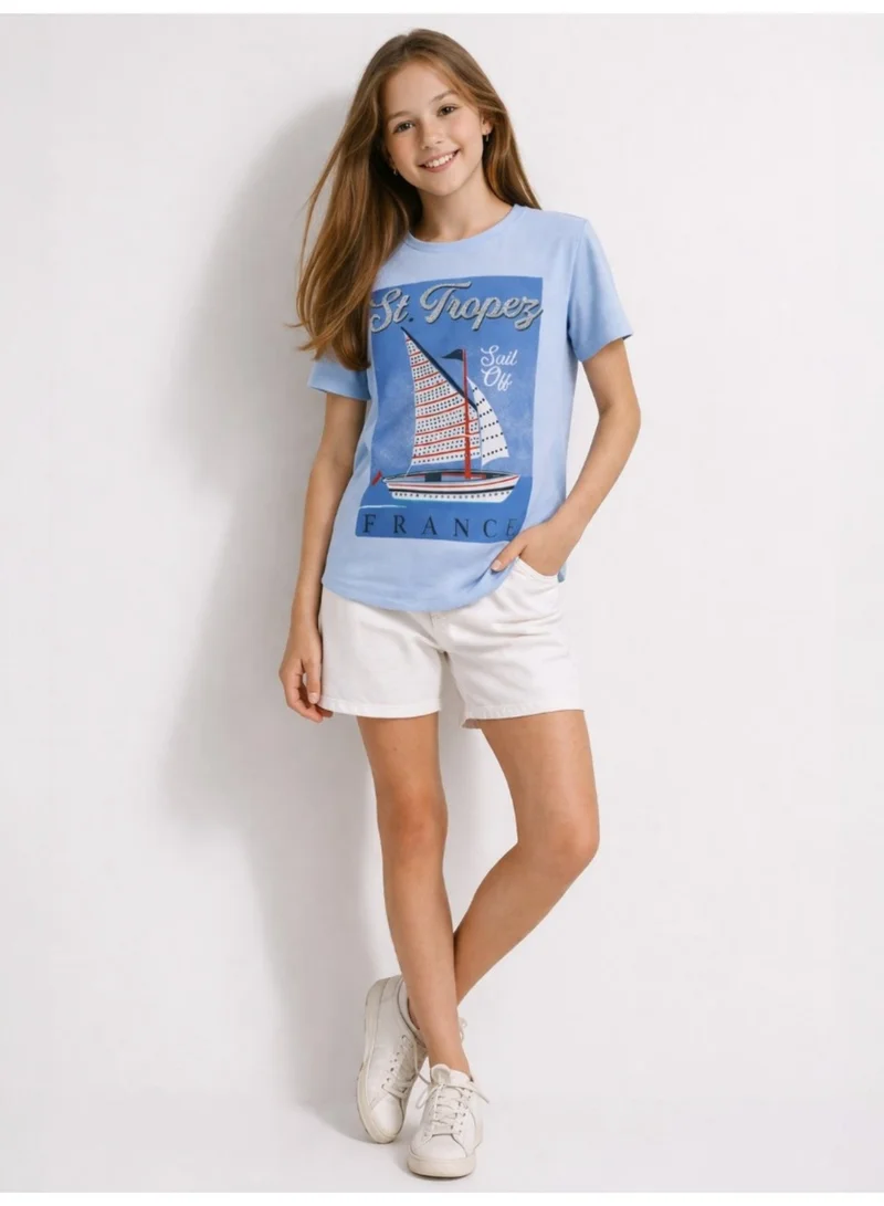 Girls St. Tropez France Graphic Embellished T-Shirt (Light Blue- relaxed Fit)