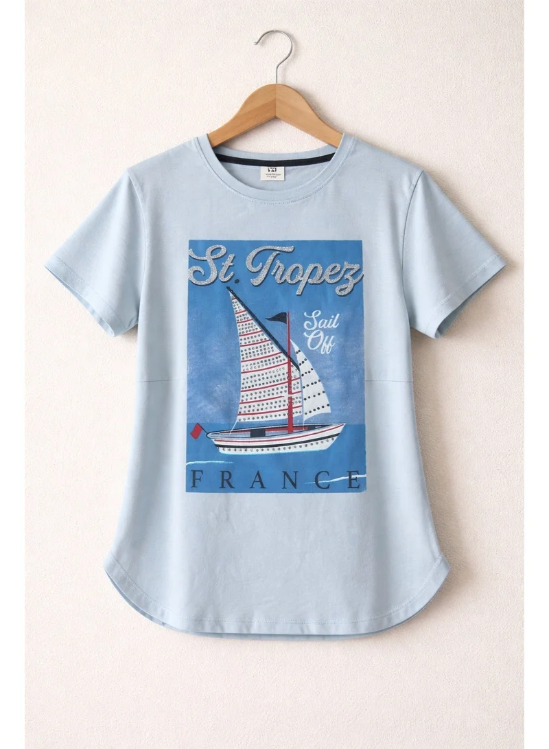 Victor And Jane  Girls St. Tropez France Graphic Embellished T-Shirt (Light Blue- relaxed Fit) for Women | Best Price UAE
