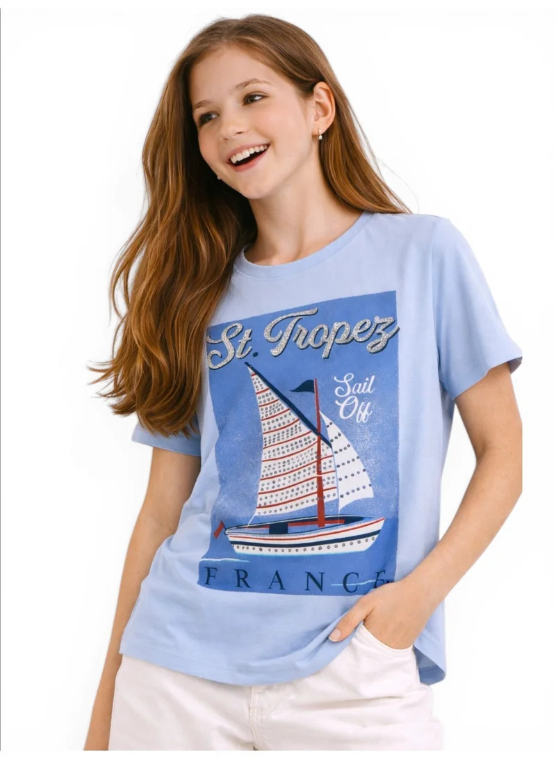 Victor And Jane  Girls St. Tropez France Graphic Embellished T-Shirt (Light Blue- relaxed Fit) for Women | Best Price UAE