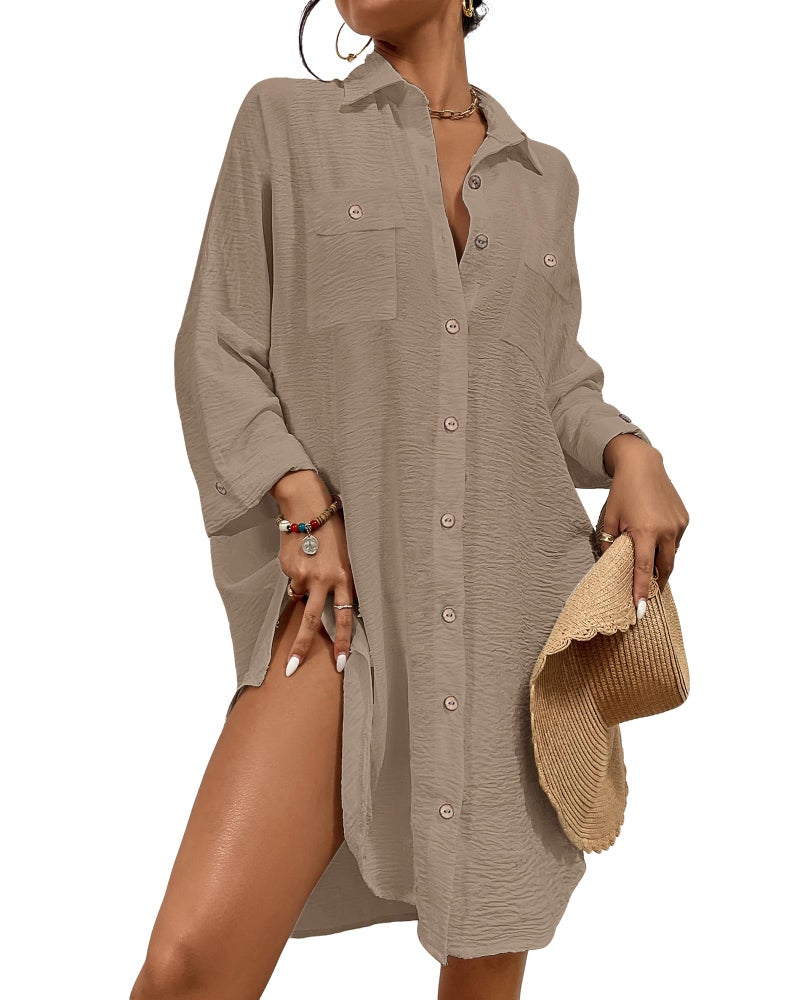 Bsubseach Womens Modern Swimsuit Cover Up Blouse Button Down Shirt Dresses Tops Light Coffee M - Image 1