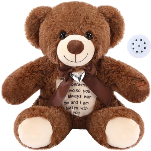 Silipull 12 Inch Bear Stuffed Animals with Voice Recorder Photo Pendant Set 30 Seconds Voice Sound Recorder Module Soft Plush Remembrance Bear with Zipper Memorial Gifts for Boys GirlsDark Brown - Image 1