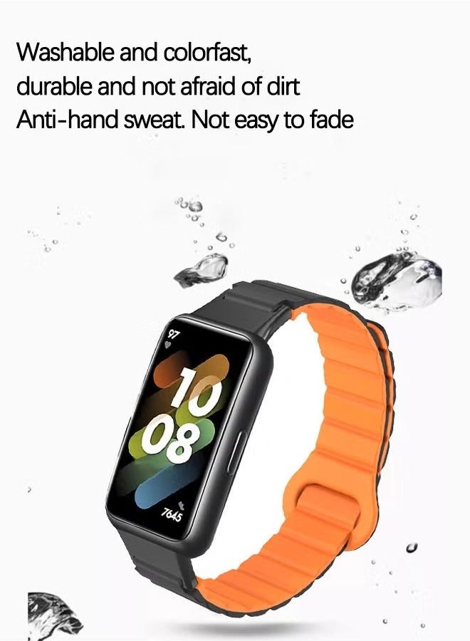Huawei Band 9/8 Silicone Watch Bands Strap - TPU Waterproof Silicone Integrated Magnetic Watch Band Strap for Men Women Sports Watch Strap (Black&orange color) - Image 4