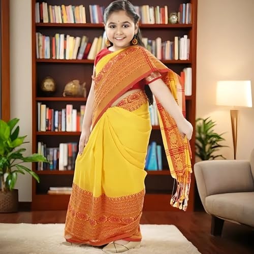 dB DESH BIDESH Girls Pure Cotton Saree Red Yellow Soft Handloom Kids Saree Traditional Ethnic Wear Saree for Kid Set 5–10 Years - Image 2