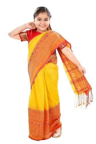 dB DESH BIDESH Girls Pure Cotton Saree Red Yellow Soft Handloom Kids Saree Traditional Ethnic Wear Saree for Kid Set 5–10 Years - Image 4