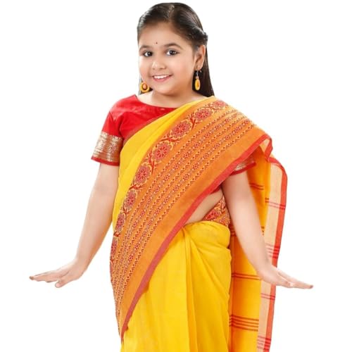 dB DESH BIDESH Girls Pure Cotton Saree Red Yellow Soft Handloom Kids Saree Traditional Ethnic Wear Saree for Kid Set 5–10 Years - Image 1