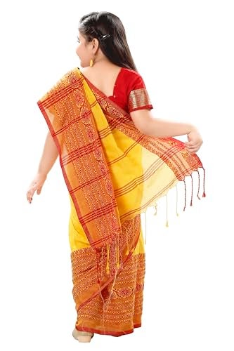 dB DESH BIDESH Girls Pure Cotton Saree Red Yellow Soft Handloom Kids Saree Traditional Ethnic Wear Saree for Kid Set 5–10 Years - Image 3