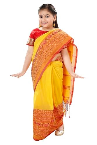 dB DESH BIDESH Girls Pure Cotton Saree Red Yellow Soft Handloom Kids Saree Traditional Ethnic Wear Saree for Kid Set 5–10 Years - Image 5