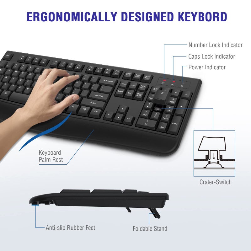 QUASIO Wireless Keyboard, 2.4G Full-Sized Ergonomic Wireless Computer Keyboard with Wrist Rest for Windows, Mac OS Laptop/PC/Desktop/Notebook(Black) - Image 3