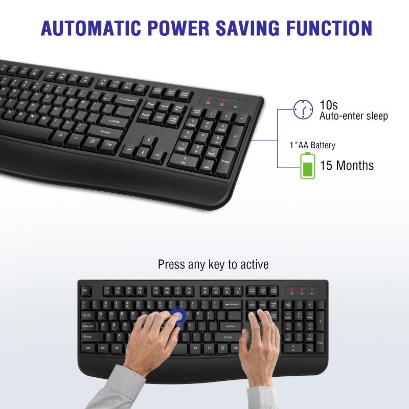 QUASIO Wireless Keyboard, 2.4G Full-Sized Ergonomic Wireless Computer Keyboard with Wrist Rest for Windows, Mac OS Laptop/PC/Desktop/Notebook(Black) - Image 4