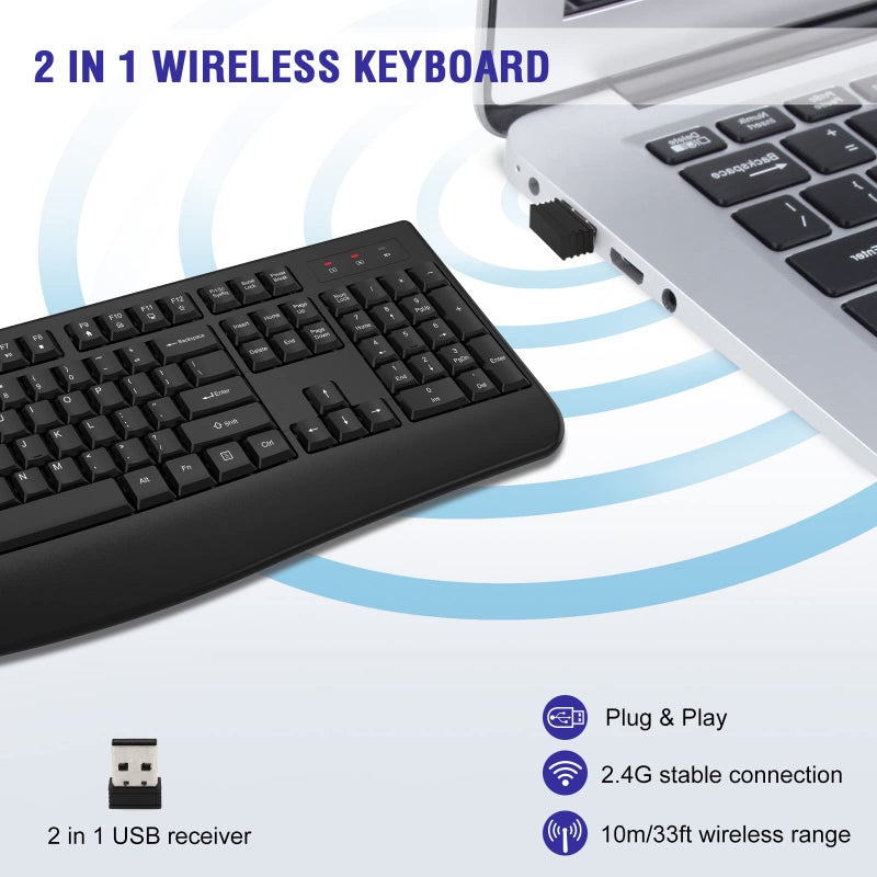 QUASIO Wireless Keyboard, 2.4G Full-Sized Ergonomic Wireless Computer Keyboard with Wrist Rest for Windows, Mac OS Laptop/PC/Desktop/Notebook(Black) - Image 2