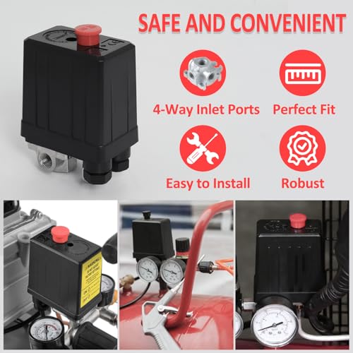 Wadoy Central Pneumatic Air Compressor Pressure Switch Control Valve Upgraded Replacement for Parts 90-120 PSI 240V 4-Way Air Compressor Pressure Switch - Image 4