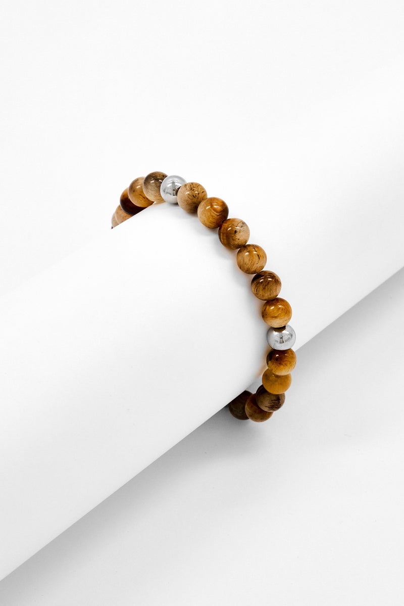 Steeltime Men Stainless Steel And Tiger Eye Beaded Stretch Bracelet, Brown - Image 1