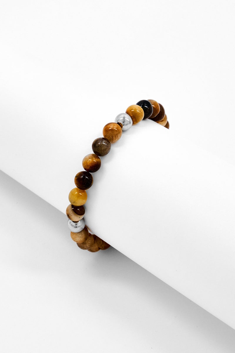 Steeltime Men Stainless Steel And Tiger Eye Beaded Stretch Bracelet, Brown - Image 2