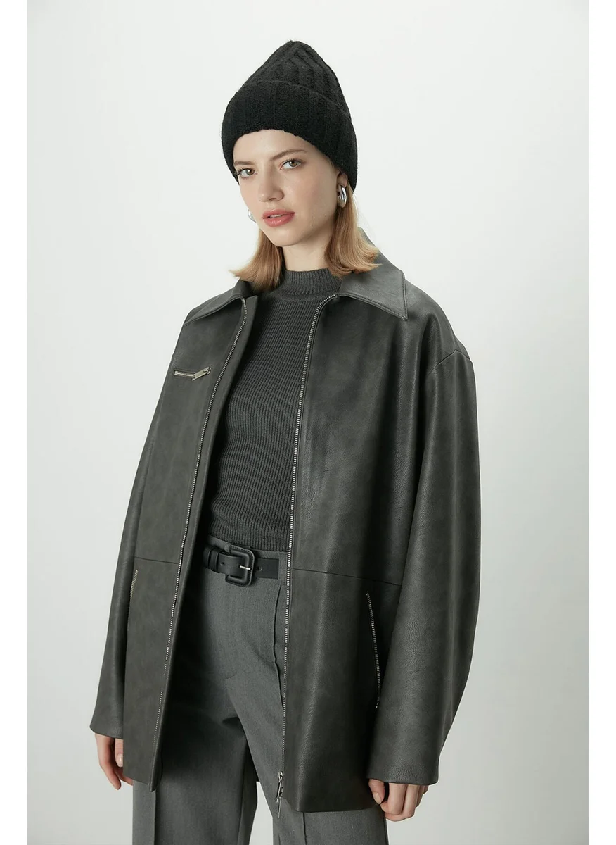 Manuka Aged Effect Leather Jacket Anthracite
