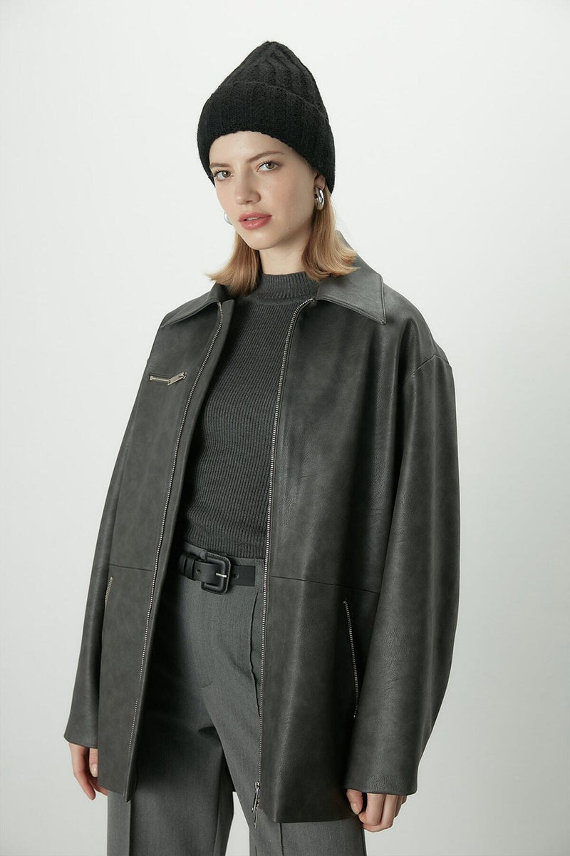 Manuka Aged Effect Leather Jacket Anthracite  - Image 1