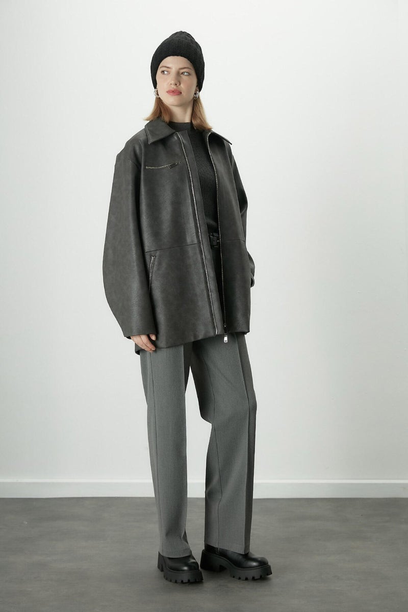 Manuka Aged Effect Leather Jacket Anthracite  - Image 3