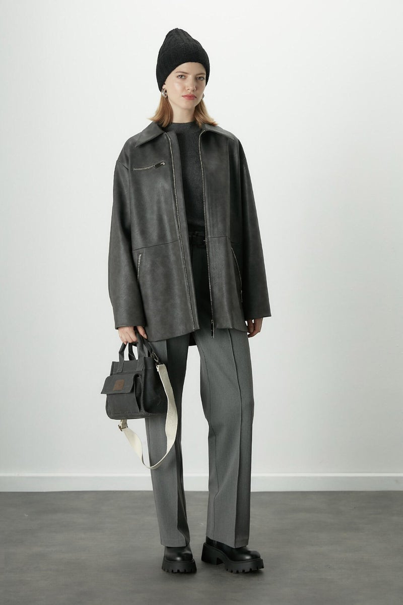 Manuka Aged Effect Leather Jacket Anthracite  - Image 2