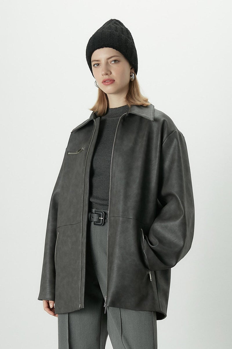 Manuka Aged Effect Leather Jacket Anthracite  - Image 5