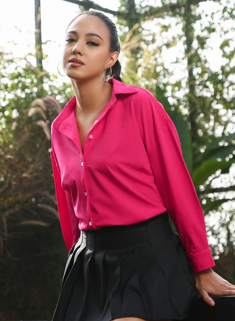 Women's Rose Red Twill Oversized Shirt | نساء | أكمام طويلة | سادة | طوق منتشر | كاجوال كبير الحجم | قميص