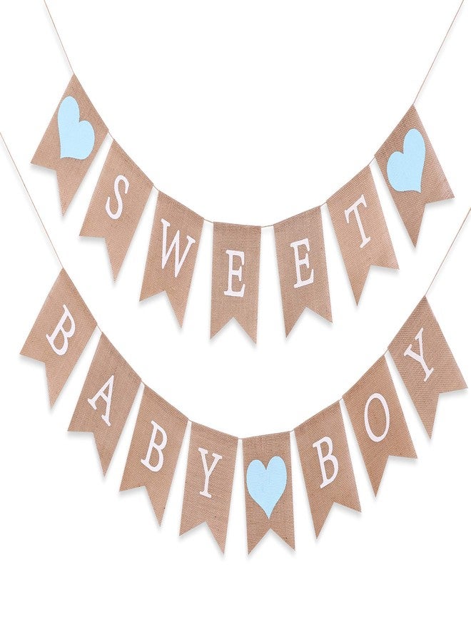 WAWOO Sweet Baby Boy Burlap Banner - Rustic Baby Shower Decorations, Photo Props (Sweet Baby Boy Blue) - Image 1