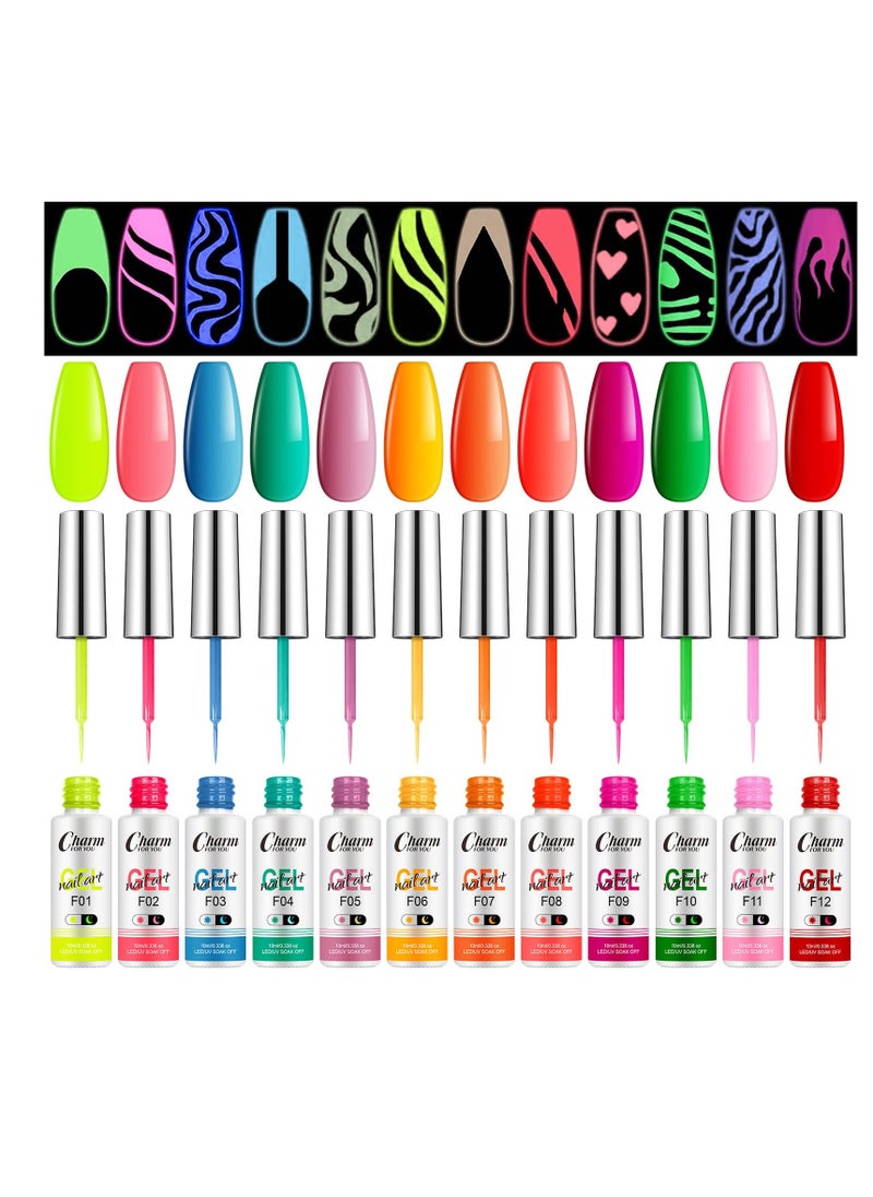 Excefore Luminous Painted Nail Gel Polish Set, Glow In Dark Gel 12 Colors, Neon Drawing Liner Nail Gel For Nail Art, UV LED Gel Liner Nail Art Polish, Nail Polish Set for Party  - Image 1