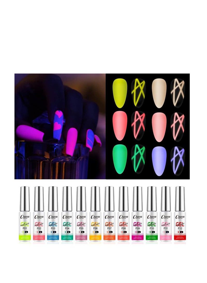 Excefore Luminous Painted Nail Gel Polish Set, Glow In Dark Gel 12 Colors, Neon Drawing Liner Nail Gel For Nail Art, UV LED Gel Liner Nail Art Polish, Nail Polish Set for Party  - Image 4