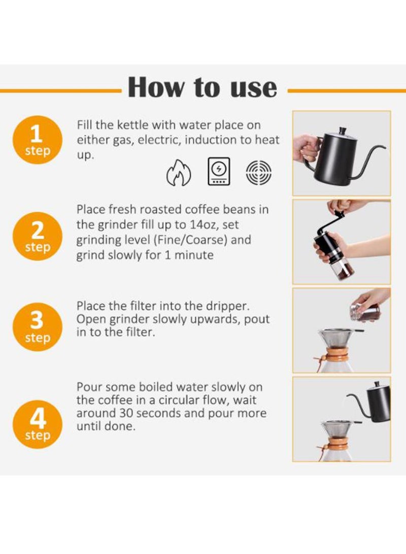 Arabest Hand Brewed Coffee, Coffee Set, Home Coffee Utensils 4-Piece Set, Includes Kettle, Coffee Grinder, Filter Cup and Scale, Black - Image 4