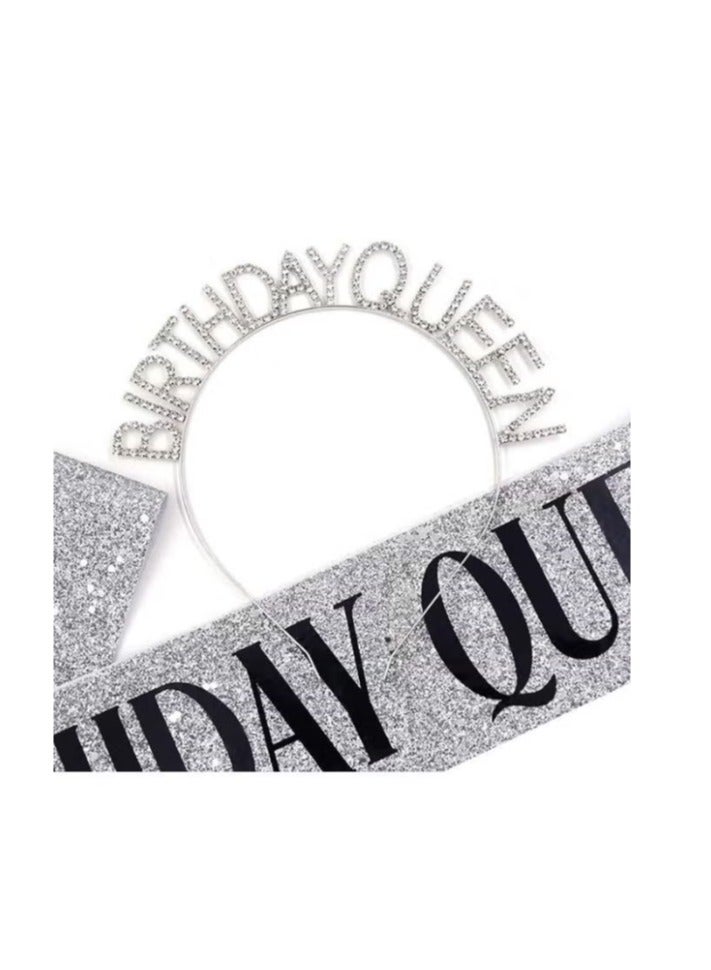 Birthday Queen Belt & Rhinestone Headband Set, Girl Birthday Crown, Silver Glitter Birthday Belt Birthday Headband Ladies Birthday Party Supplies Gifts - Image 2