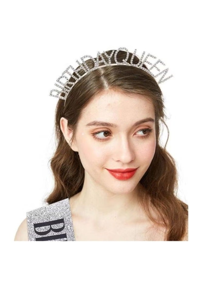Birthday Queen Belt & Rhinestone Headband Set, Girl Birthday Crown, Silver Glitter Birthday Belt Birthday Headband Ladies Birthday Party Supplies Gifts - Image 4