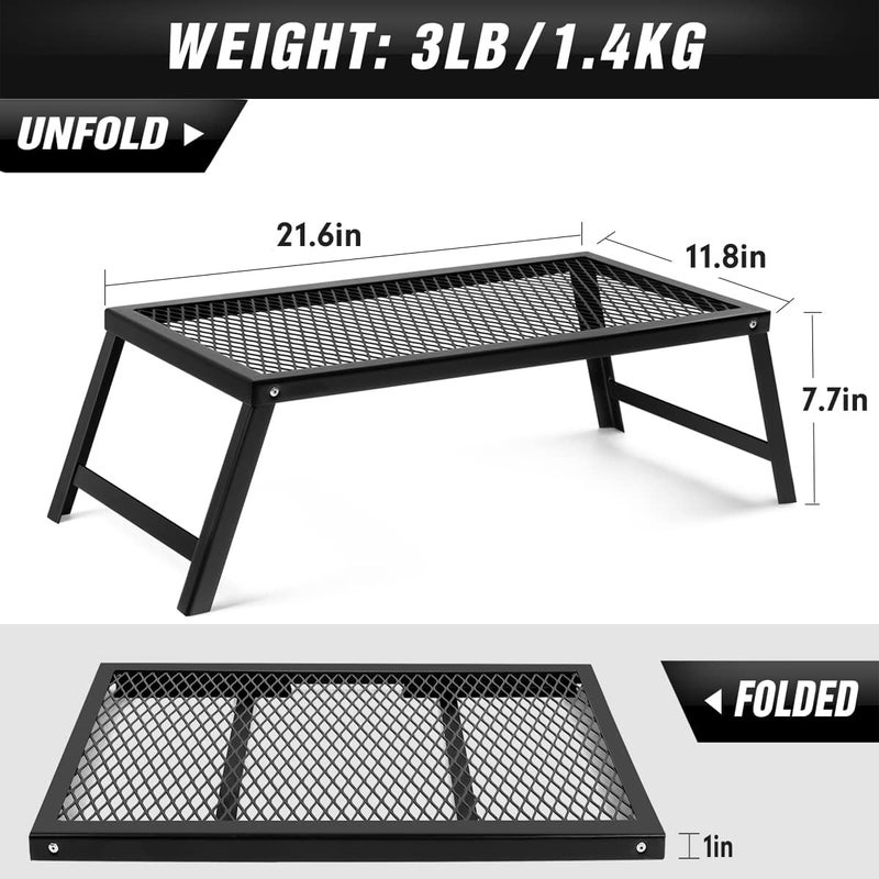 CADARA شواية نار المخيم القابلة للطي، 21.6" × 11.8" شبكة فولاذية ثقيلة مع أرجل، شواية محمولة فوق النار للطهي في الهواء الطلق، باربكيو، نزهة، سوداء - Image 2