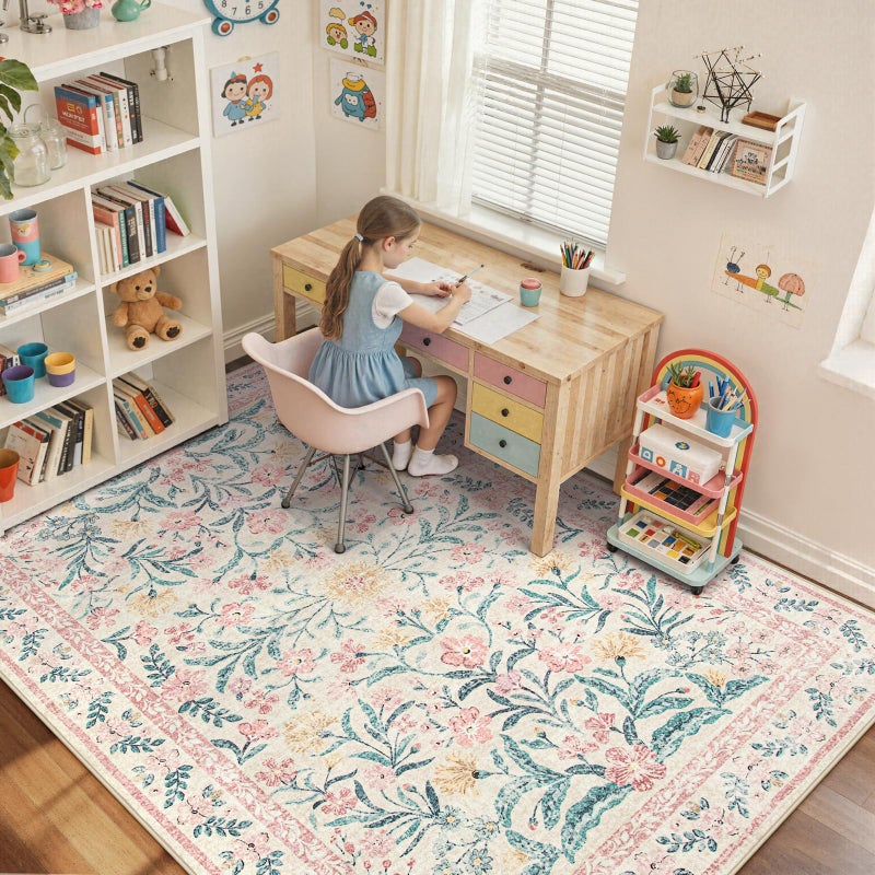 Wonnitar 8x10 Washbale Rugs for Living Room, Boho Pink Room Decor for Girls Bedroom, 8 x 10 Soft Non Slip Low Pile Indoor Floral Carpet for Kids Room Playroom Toddler Nursery - Image 2