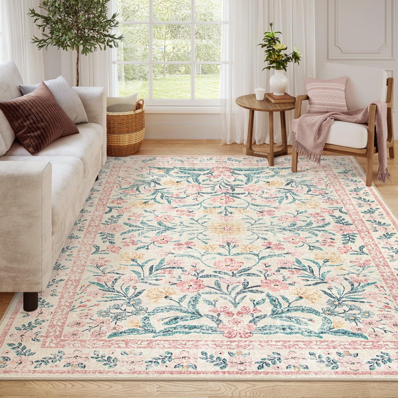Wonnitar 8x10 Washbale Rugs for Living Room, Boho Pink Room Decor for Girls Bedroom, 8 x 10 Soft Non Slip Low Pile Indoor Floral Carpet for Kids Room Playroom Toddler Nursery - Image 1