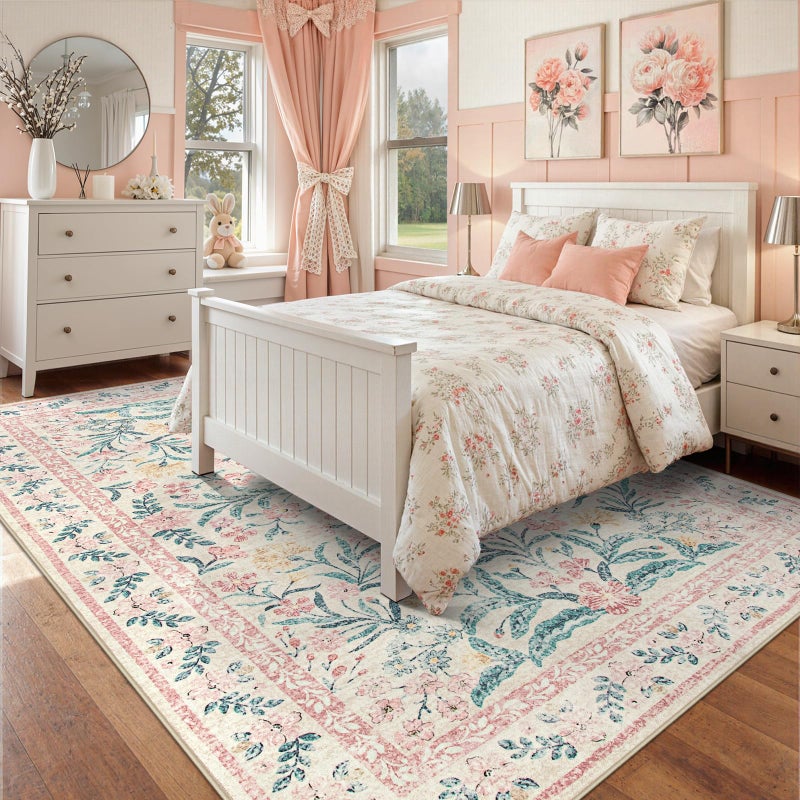 Wonnitar 8x10 Washbale Rugs for Living Room, Boho Pink Room Decor for Girls Bedroom, 8 x 10 Soft Non Slip Low Pile Indoor Floral Carpet for Kids Room Playroom Toddler Nursery - Image 3