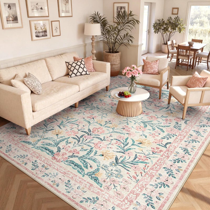 Wonnitar 8x10 Washbale Rugs for Living Room, Boho Pink Room Decor for Girls Bedroom, 8 x 10 Soft Non Slip Low Pile Indoor Floral Carpet for Kids Room Playroom Toddler Nursery - Image 4