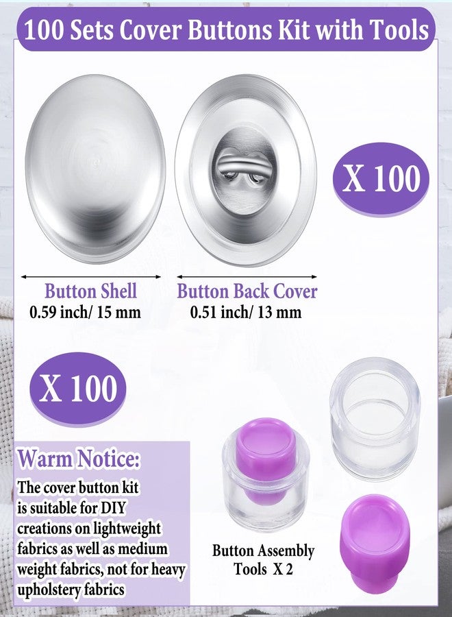 Raiten 100 Sets Cover Buttons Kit with Tools Size Buttons to Cover Self Cover Buttons with Wire Backs DIY Fabric Cloth Cover Buttons (Size 24/0.59 Inch) - Image 3