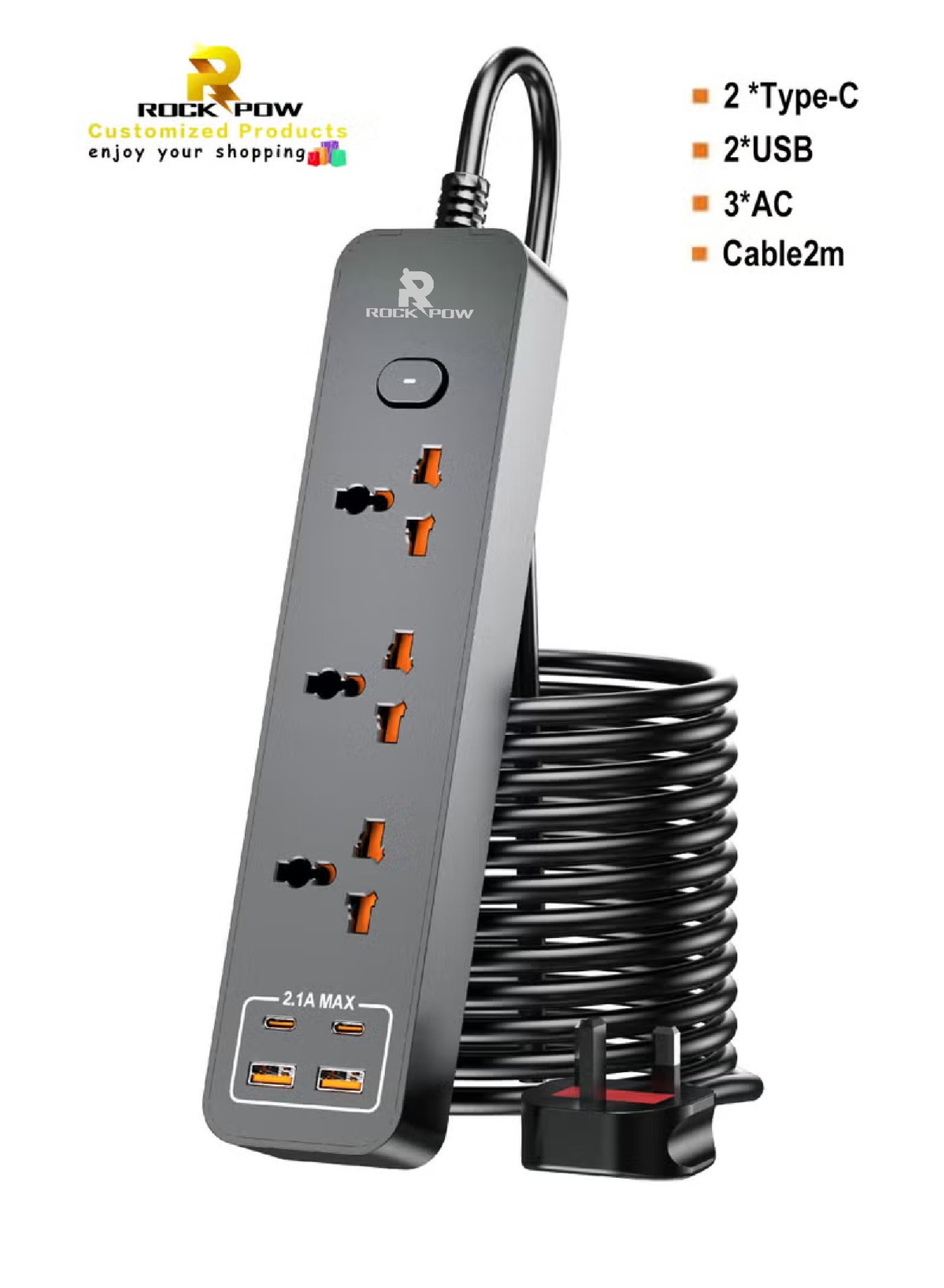 2 meters Universal Extension Lead with Multiple Function UK Plug 3 Pin Socket Outlet with 3 Gang 2 USB Port 2 Type-C Port 2M Electric Socket Mains Strip for Home Kitchen and Office 2 meters