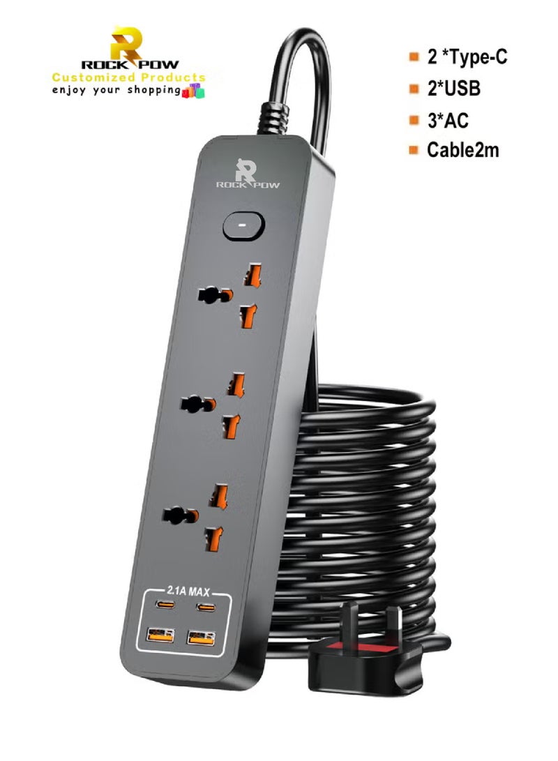 Rock Pow 2 meters Universal Extension Lead with Multiple Function UK Plug 3 Pin Socket Outlet with 3 Gang 2 USB Port 2 Type-C Port 2M Electric Socket Mains Strip for Home Kitchen and Office 2 meters - Image 1