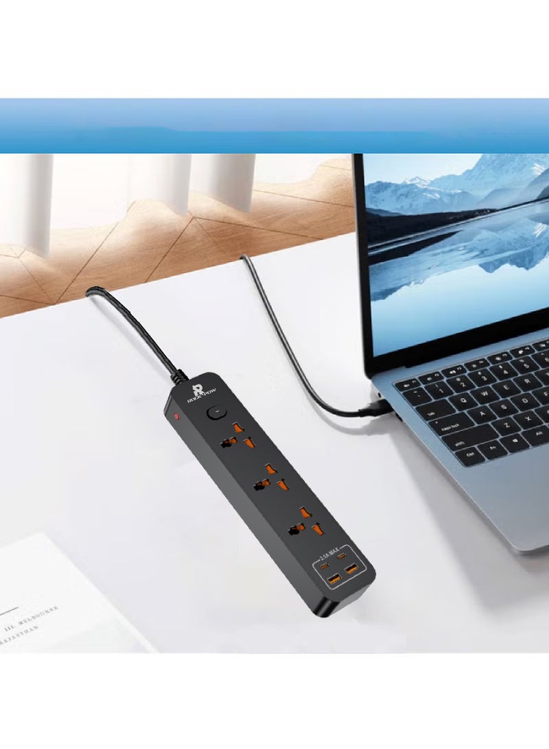 Rock Pow 2 meters Universal Extension Lead with Multiple Function UK Plug 3 Pin Socket Outlet with 3 Gang 2 USB Port 2 Type-C Port 2M Electric Socket Mains Strip for Home Kitchen and Office 2 meters - Image 3