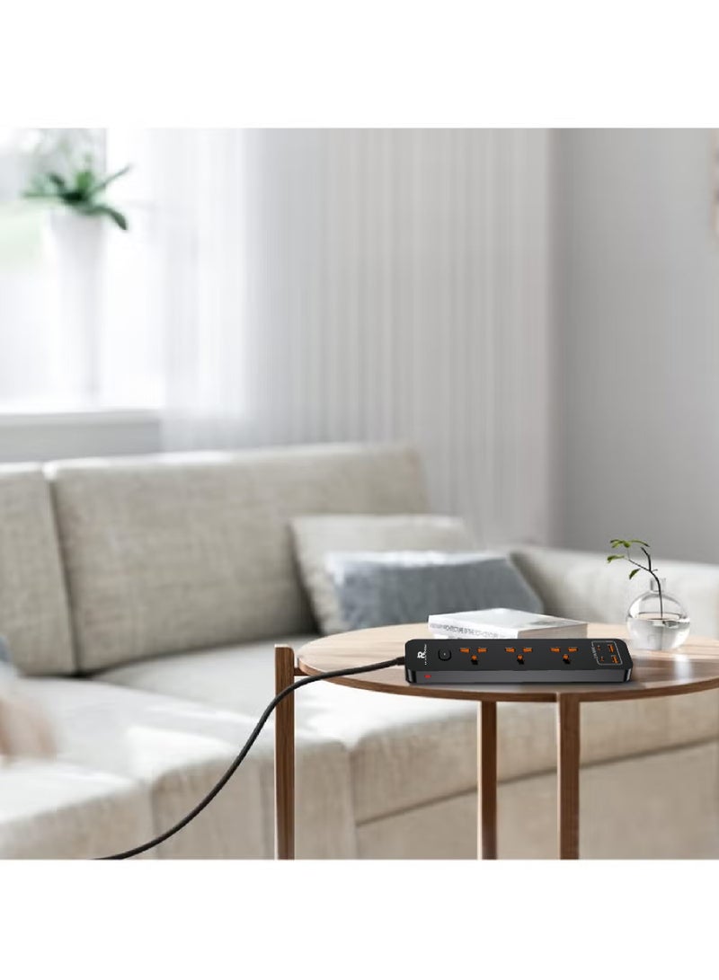 Rock Pow 2 meters Universal Extension Lead with Multiple Function UK Plug 3 Pin Socket Outlet with 3 Gang 2 USB Port 2 Type-C Port 2M Electric Socket Mains Strip for Home Kitchen and Office 2 meters - Image 4