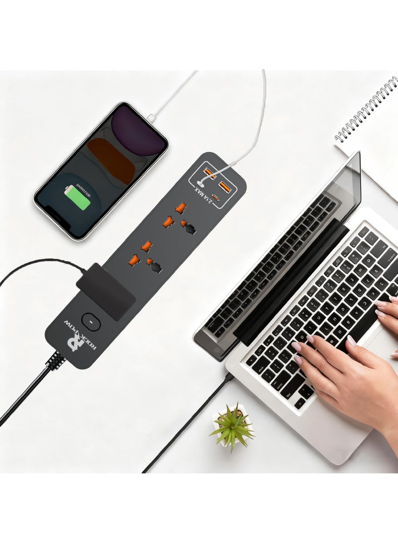 Rock Pow 2 meters Universal Extension Lead with Multiple Function UK Plug 3 Pin Socket Outlet with 3 Gang 2 USB Port 2 Type-C Port 2M Electric Socket Mains Strip for Home Kitchen and Office 2 meters - Image 5