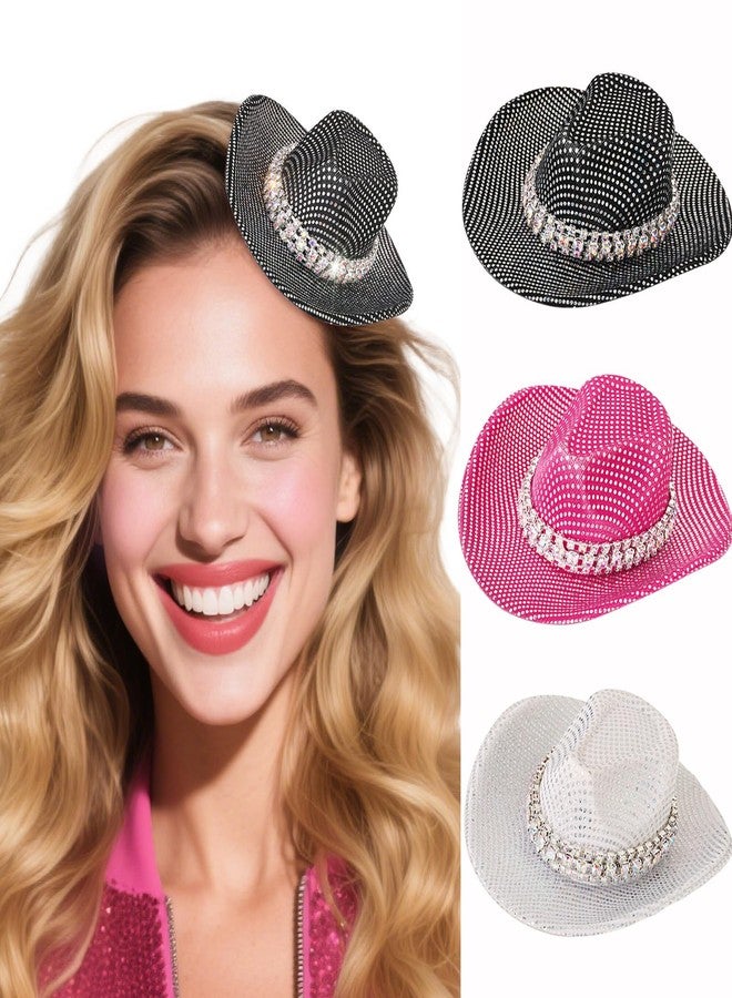Bohend Mini Glitter Cowboy Hats for Women - Sparkly Cowgirl Hat Hair Clips, 3Pcs Western Disco Party Cosplay Accessories - Image 1