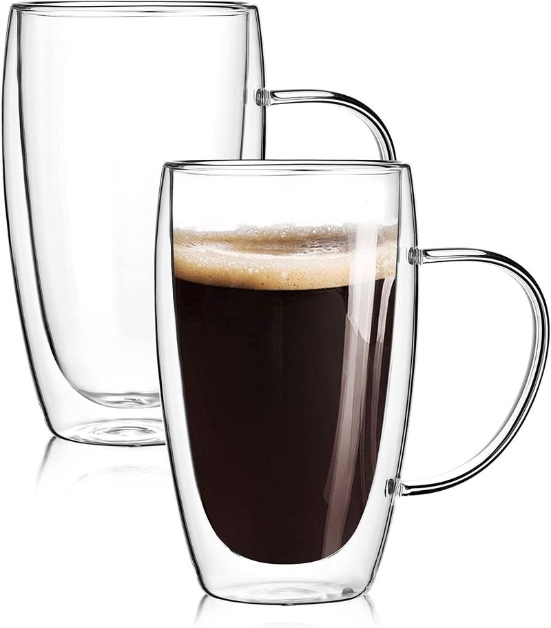 Wells 2-Pack 15 Oz Double Walled Glass Coffee Mugs with Handle,Large Insulated Layer Coffee Cups,Clear Borosilicate Mugs,Perfect for Cappuccino,Tea,Latte,Espresso,Hot Beverage,Wine,Microwave Safe - Image 1